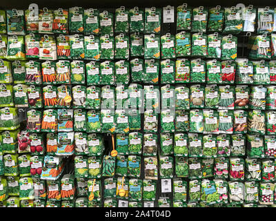 Lille, France - October 08, 2018 : sachets de graines de marque 'Le paysan' dans une jardinerie. Stock Photo