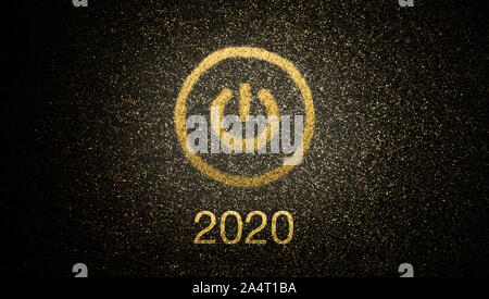 New Years eve concept with standby symbol of power button in a circle and twenty twenty 2020 year number, glowing with gold color on dark glossy and g Stock Photo
