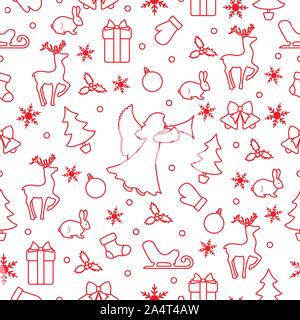Merry Christmas Happy New Year 2020 background. Vector seamless pattern with angel, Santa Claus reindeer, gifts, Christmas sock, bells, hare, Christma Stock Vector