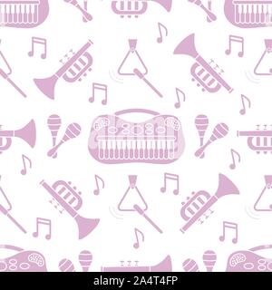 Vector seamless pattern with children's musical toys. Illustration with musical instruments. Maracas, synthesizer, trumpet, triangle and notes. Toys f Stock Vector