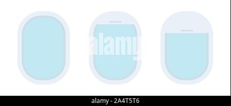 Three aircraft portholes with clean sky outside plane. Stock Vector