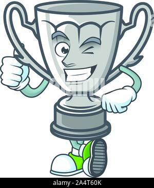 Thumbs up silver trophy with cartoon character shape. Stock Vector