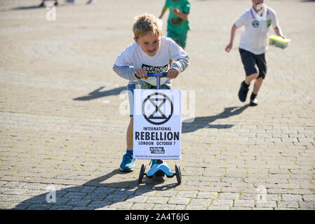 Children participating in the Extinction Rebellion climate strike in Truro City City in Cornwall. Stock Photo