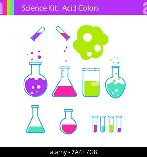 Science kit with acid colors - flask, glass, drop Stock Vector