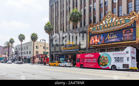 Los Angeles, California, USA. May 31, 2019. LA City in a cloudy day background.View of the El Capitan Theatre at Hollywood Boulevard. Stock Photo