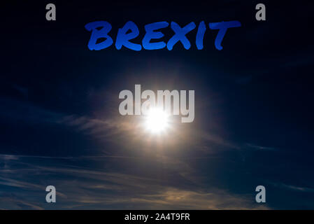 Pastel natural abstract blurred sky light soft colors and bright sunshine a short time before sunset with brexit text.Background Stock Photo