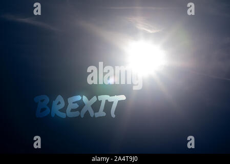 Pastel natural abstract blurred sky light soft colors and bright sunshine a short time before sunset with brexit text.Background Stock Photo