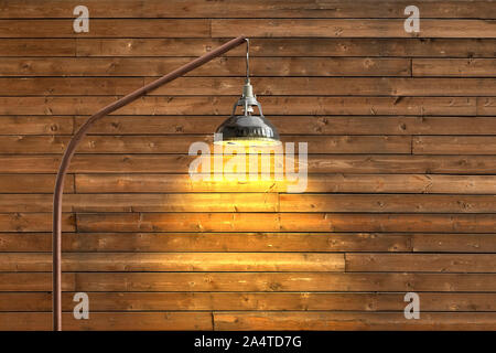 Autumn interior exterior design. Rustic outdoor style. Contemporary exterior design. Modern outdoor lighting concept. Melancholic mood. Autumn in exterior, interior. Light fixtures, unusual floor lamp Stock Photo