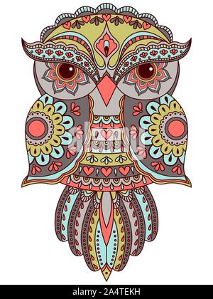 Serious owl with various pattern and big eyes in muted grey, green, blue and pink colors isolated on the white background, cartoon vector artwork Stock Vector