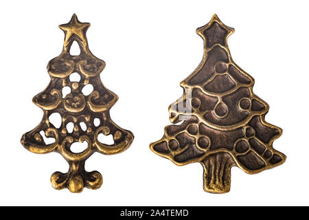 Set of two vintage brassy metal Christmas trees isolated on white background Stock Photo