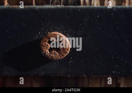 Closeup of an old rusty screw on a wooden flower pot. Selective focus. Stock Photo