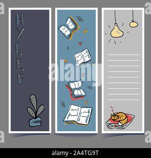 Bookmarks in sketch style. Autumn Hugge cards. Fall foliage and books, a potted plant, lamps and a cat on a pillow. Contour sloppy hand drawing. Gray