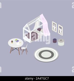 Isometric objects for a children room. White bed and purple bedding to the point. Round table and chair. Books and kardashi. The paintings on the wall Stock Vector