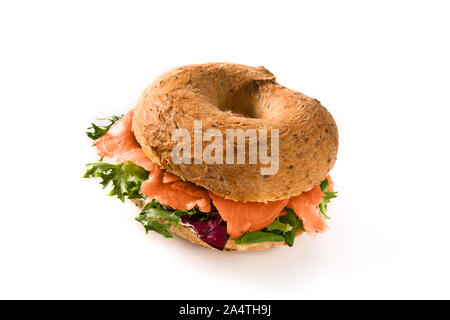 Bagel sandwich with cream cheese, smoked salmon and vegetables isolated on white background. Stock Photo