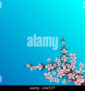 Chinese sakura blue background for celebration design. Pink sakura. Blossom garden. Modern design. Cherry blossom branch. Japanese blue pattern Stock Vector
