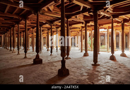 old carved wooden columns in Djuma Mosque old town Khiva, Itchan-Kala, Khiva, Uzbekistan, Central Asia Stock Photo