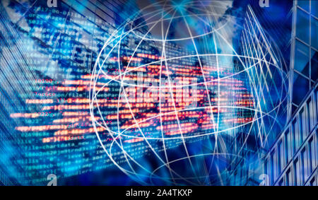 Programming code and global network with technology background and skyscrapers Stock Photo