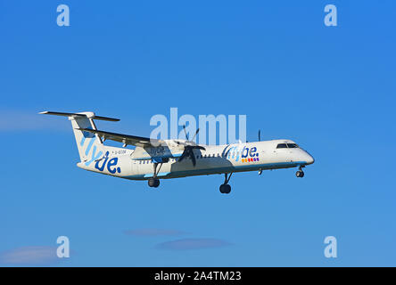 The regular Flybe flight from Birmingham on approach to Inverness Airport in the Scottish Highlands. Stock Photo
