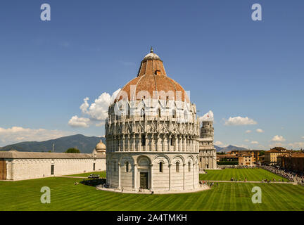 Elevated panoramic view of the famous Piazza dei Miracoli in Pisa with the Baptistry of St John and the Leaning Tower in summer, Tuscany, Italy Stock Photo