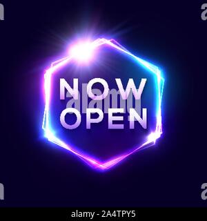 Now Open neon text. Light sign on blue background. Stock Vector