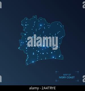 Ivory Coast dotted glowing map. Shape of the country with blue bright ...