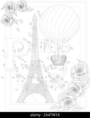 Zen Art Stylized Eiffel Tower And Air Balloon Sketch Poster Children Or Adult Coloring Pages France Collection Boho Style Stock Photo Alamy