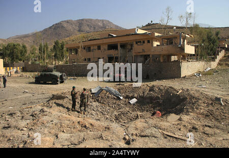 Mehtarlam. 16th Oct, 2019. Photo taken on Oct. 16, 2019 shows the site of a car bomb in Alishing district in Laghman province, Afghanistan. Two police officers and a civilian were killed and 43 people wounded after a car bomb blast rocked Alishing district in Afghanistan's eastern Laghman province on Wednesday, the district chief said. Credit: Saifurahman Safi/Xinhua/Alamy Live News Stock Photo