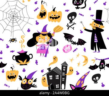 Vector seamless pattern for Halloween with funny cartoon characters. Stock Vector