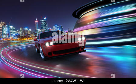 HIgh speed generic red sports car driving in the city with neon light motion effect applied . Automobile futuristic technology concept . 3D rendering Stock Photo