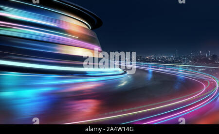 Abstract motion curvy urban road with neon light motion effect applied . Automobile background use concept . Stock Photo