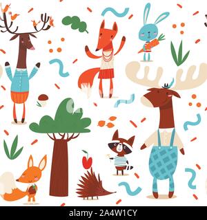 Vector seamless pattern in kids style with cartoon forest animals Stock Vector