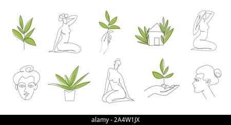 Big set oflogo templates for spa and beauty salon with woman line drawings Stock Vector