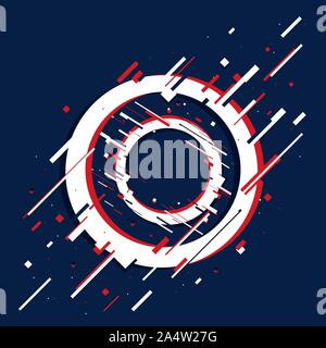 Glitch page template . Tv distorted signal chaos, glitched effect distortion color photo dissolution and flaw glitches bug circles, vhs white noise de Stock Vector