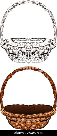 Illustration of brown wicker basket on white background. Stock Vector