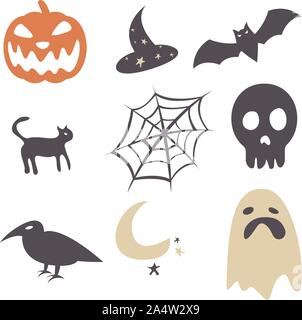 Cartoon Halloween icon set vector simple cartoon style. Pumpkin, ghost, bat, skull, cat, witches hat, crow or raven, spider web vector illustration Stock Vector