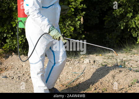 Weed control spray fumigation. Industrial chemical agriculture. Man spraying toxic pesticides, pesticide, insecticides on fruit lemon growing plantati Stock Photo