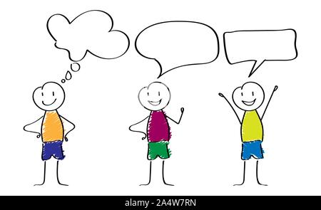 Three happy cartoon stickmen with empty speech bubbles, flat design. Stock Vector