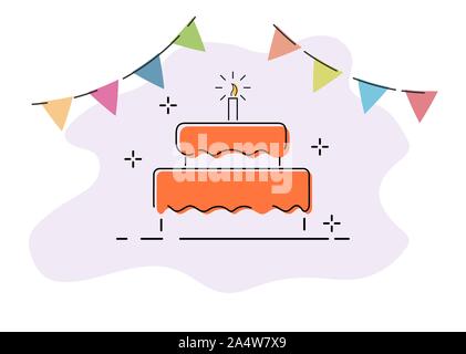 Cake with a candle and a garland of flags. Creative picture for the congratulations on the anniversary, birthday and important date. Stock Vector