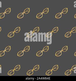 Glasses seamless pattern. Golden outline on grey background. Picture can be used in wallpaper, wrapping paper, textile print, advertisement, posters, flyers, banners, logo etc. Vector illustration. EPS10 Stock Vector