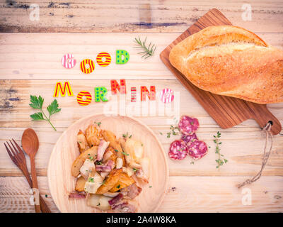 Breakfast  setup on wooden table with colourful Good Morning words. Stock Photo