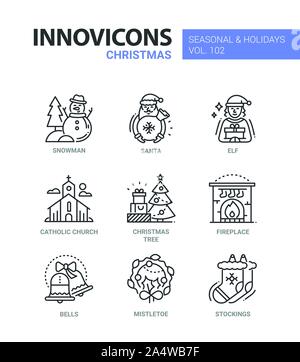 Christmas symbols line design style vector icons set Stock Vector