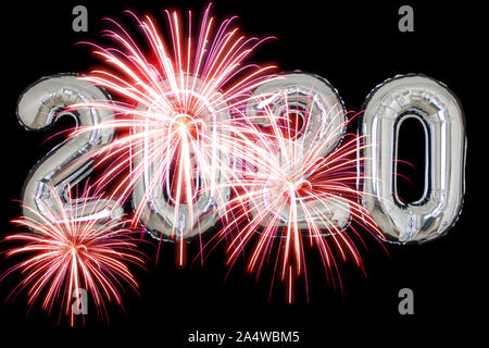 Happy new year 2020 balloons silver and fireworks Stock Photo