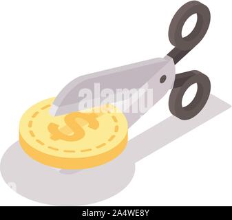 Isometric cutting or lowering price concept. Scissors cutting money bill in half. Stock Vector