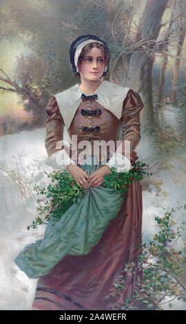 A Fair Puritan.  After a 19th century work by E. Percy Moran.  A young woman walking in woodland gathering flowers and plants in her apron. Stock Photo