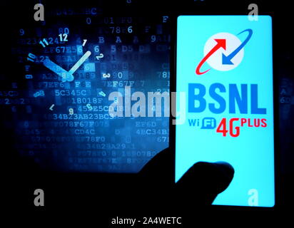 In this photo illustration Popular Telecom Company BSNL logo seen display on a smartphone. Stock Photo