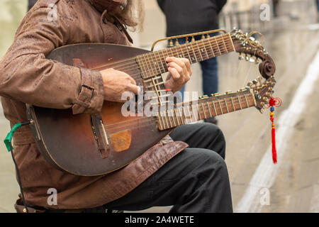 Two Stringed Guitar A two-stringed guitar like instrument on display at an exhibit in the ...