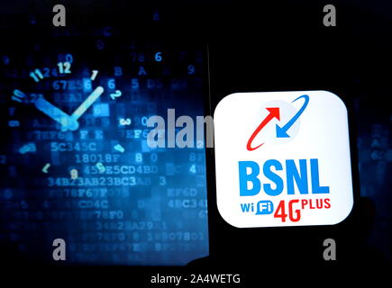 In this photo illustration Popular Telecom Company, BSNL  logo seen display on a smartphone. Stock Photo