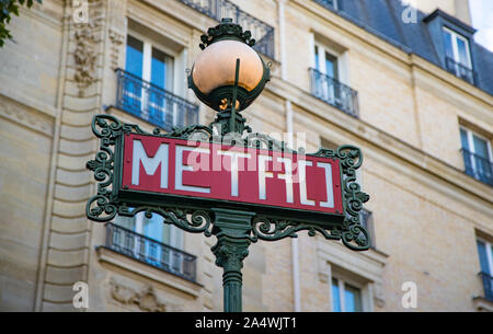 Close up on subway transportation  Metro sign  in  central Paris, france Stock Photo