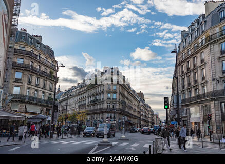 Paris, France - 7th October, 2019:  Busy streets of Rue Étienne Marcel in central Paris during evening rush hour Stock Photo