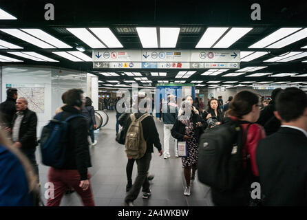 Paris, France- 26th September, 2019: Rush hour at Châtelet-Les Halles train station in central Paris which is a major train hub in Paris and one of th Stock Photo